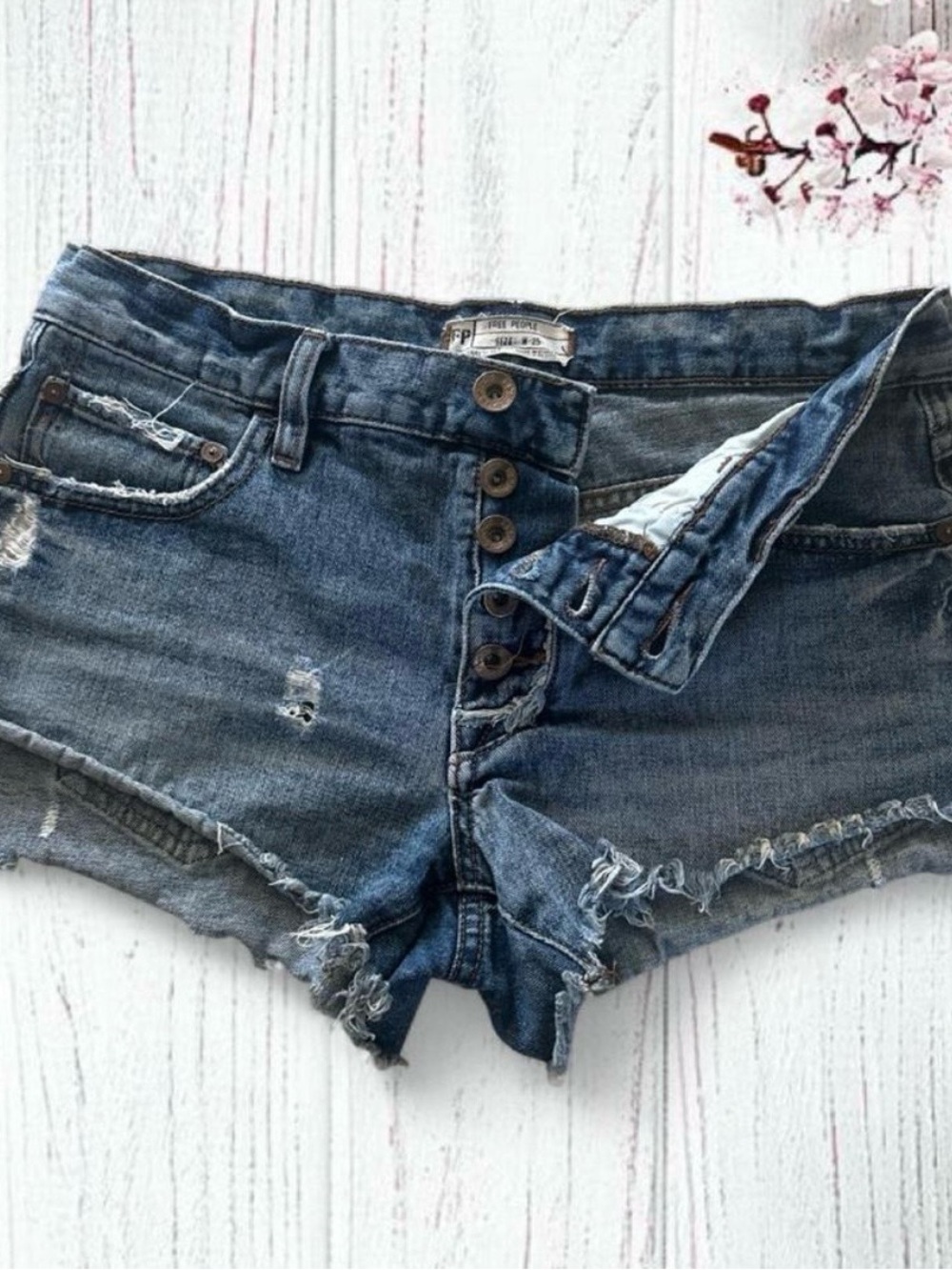 Free People Distressed Button-Fly Denim Shorts - Vintage Blue